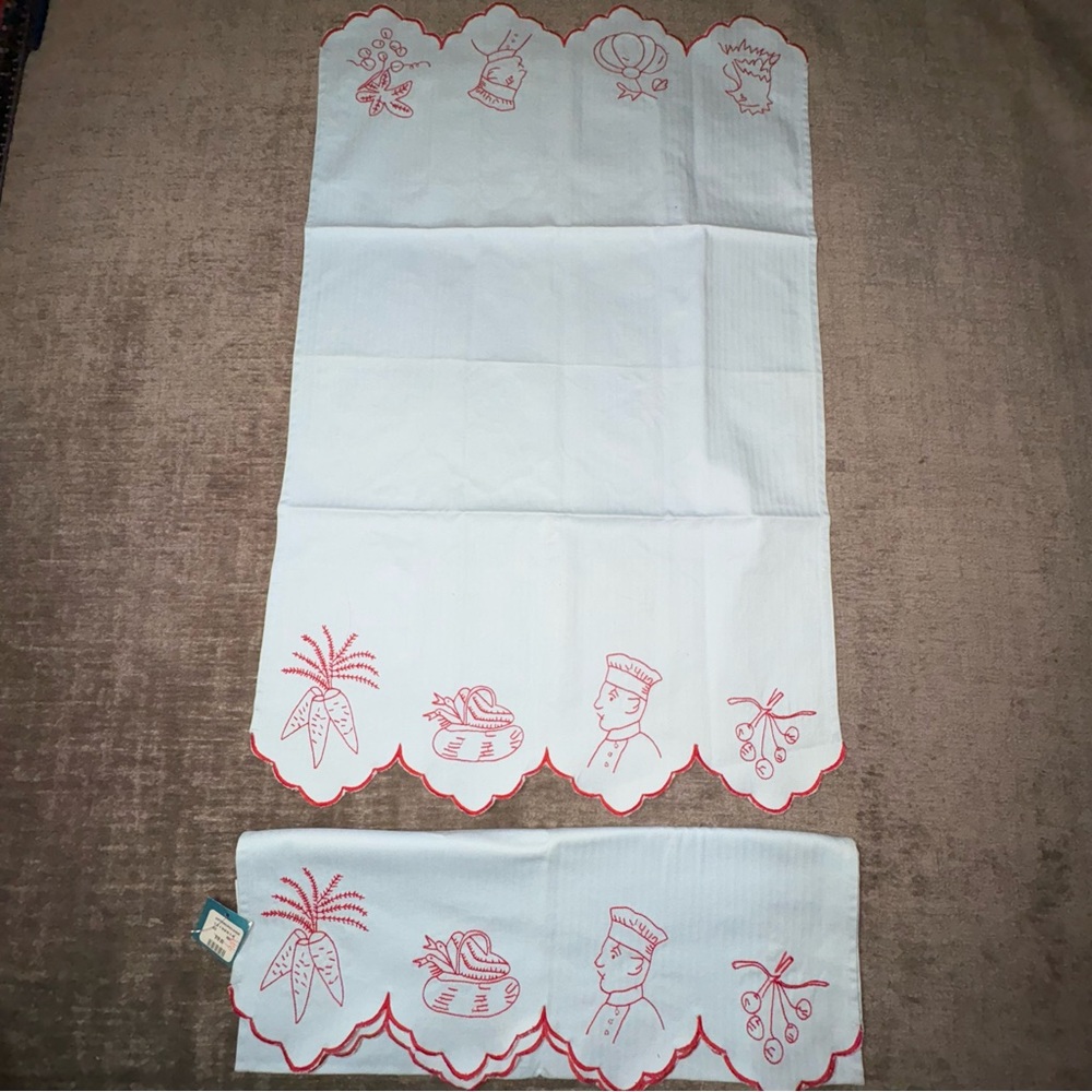 Anthropologie Tea Towels Light Blue Chef Carrots Cherries Basket Red Trim NWT